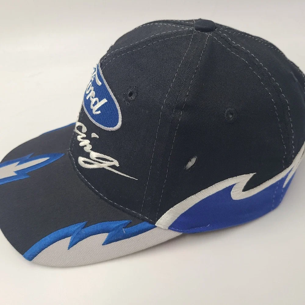 Vintage Ford Racing Hat Snapback (Fits Small) Black Blue White Flames *TEAR*‎